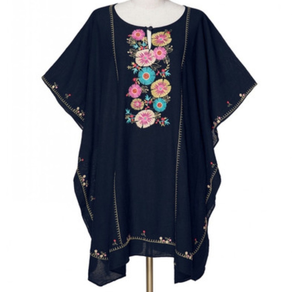 Spartina 449 Tunic Little Bermuda Kailani OS Navy Blue Floral Embroidered Kaftan